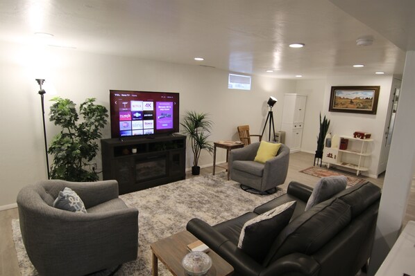 Smart TV, fireplace, books