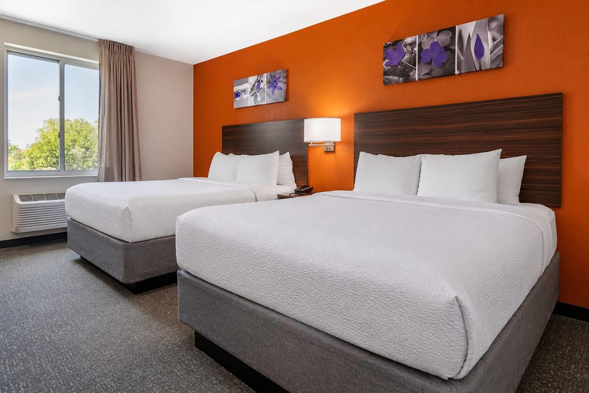 Standard Room, 2 Queen Beds, Non Smoking | Desk, laptop workspace, blackout curtains, iron/ironing board