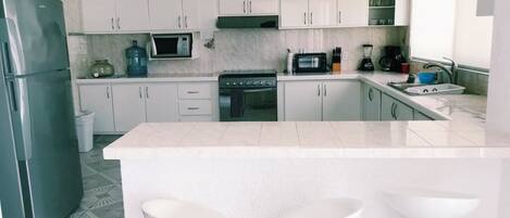 Fridge, microwave, oven, electric kettle