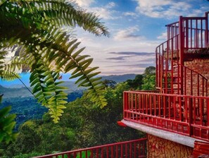 Stunning mountain views await at this elevated retreat, where lush greenery and a sturdy staircase lead to breathtaking vistas.