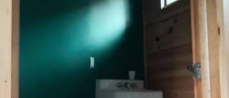 Une petite salle de bain aux dimensions réduites, avec un mur vert, des toilettes blanches et un lavabo placé sous une fenêtre.