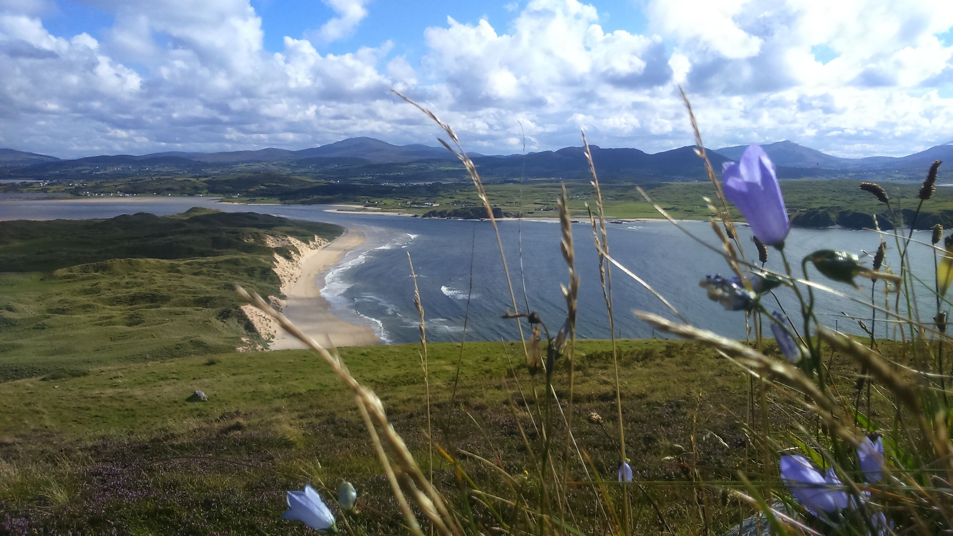 A coastal landscape with a beach, grassy hills, and mountains in the background.