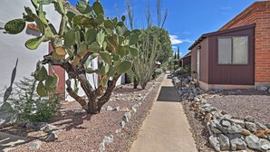 A pathway lined with cacti and rocks, leading to a building with a red roof and large windows. - Modern Green Valley Condo - Near National Park! (Green Valley)