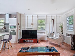 Smart TV, DVD player, books, music library