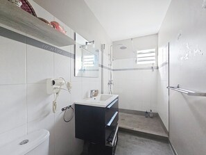 Dusche, Haartrockner, Handtücher, Seife