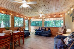 TV, fireplace, books