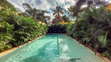 Alberca al aire libre, acceso de 10:00 a 21:00, y camastros