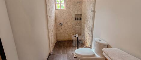 A bathroom with a toilet, a bidet, and a shower stall.