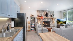 Una cocina moderna con encimeras de granito, un refrigerador integrado y una chimenea de piedra.