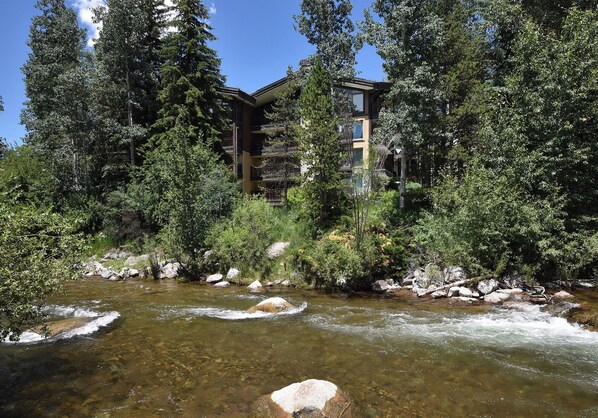 A modern hotel with a river view, surrounded by dense forest and rocky terrain.