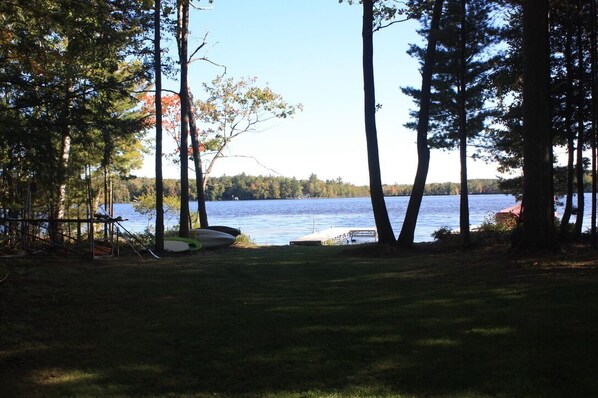 A lakeside view with trees, a dock, and boats.