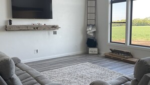 Een woonkamer met een flatscreen televisie aan de muur, een houten plankje eronder, een ladder die tegen de muur staat, en een groot raam met uitzicht op een groen veld.