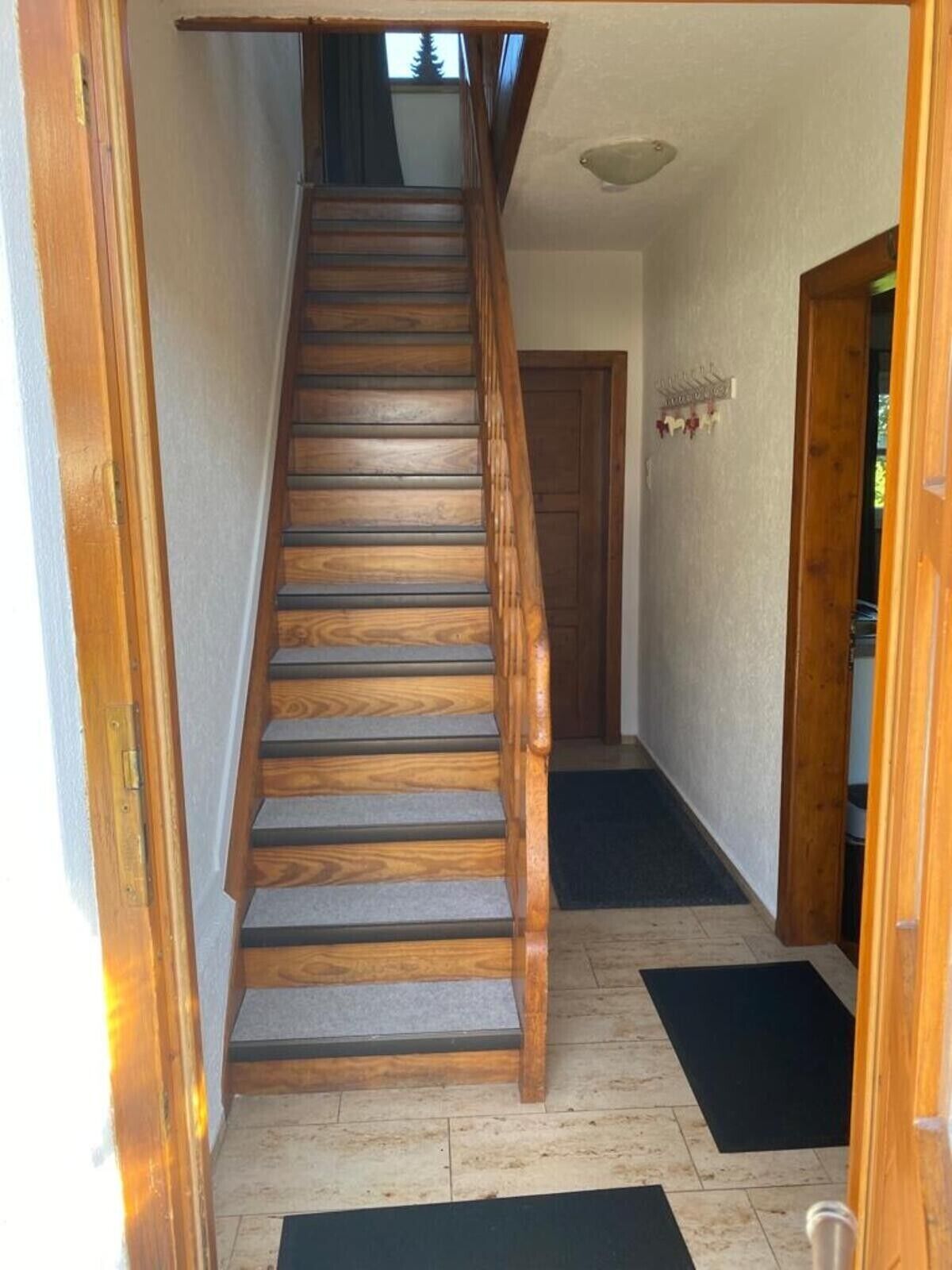 Un escalier en bois, dont les marches sont recouvertes de moquette, mène à une porte.