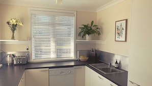 A compact kitchen with a dishwasher, a sink, and a window with blinds. There is a plant on a shelf and a framed picture on the wall.