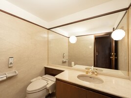A modern bathroom with a toilet, sink, and mirror.