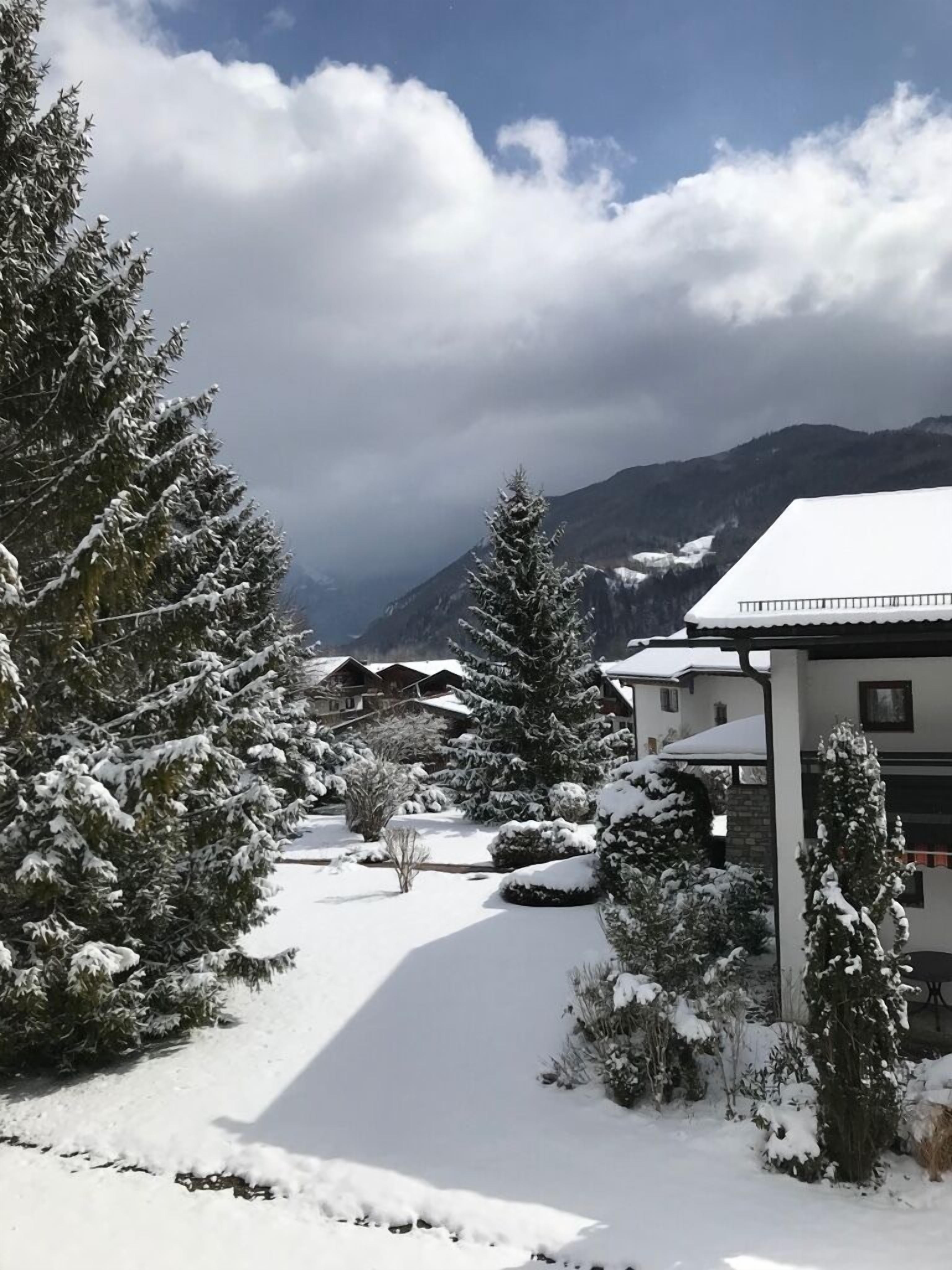 A snow-covered landscape with a mountain in the background, a pathway leading to a building with a snow-covered roof, and snow-laden trees.
