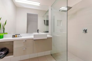 Shower, hair dryer, towels
