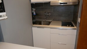 A compact kitchen with a stainless steel sink, a built-in oven, and a microwave. - T1 Parking Inclus, Hyper Centre, Mais Très Calme (Pau)