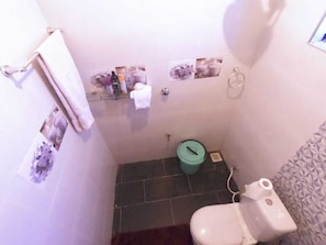 A small bathroom with a toilet, a trash bin, and a towel rack. - Cosmos Masawa (Homa Bay)