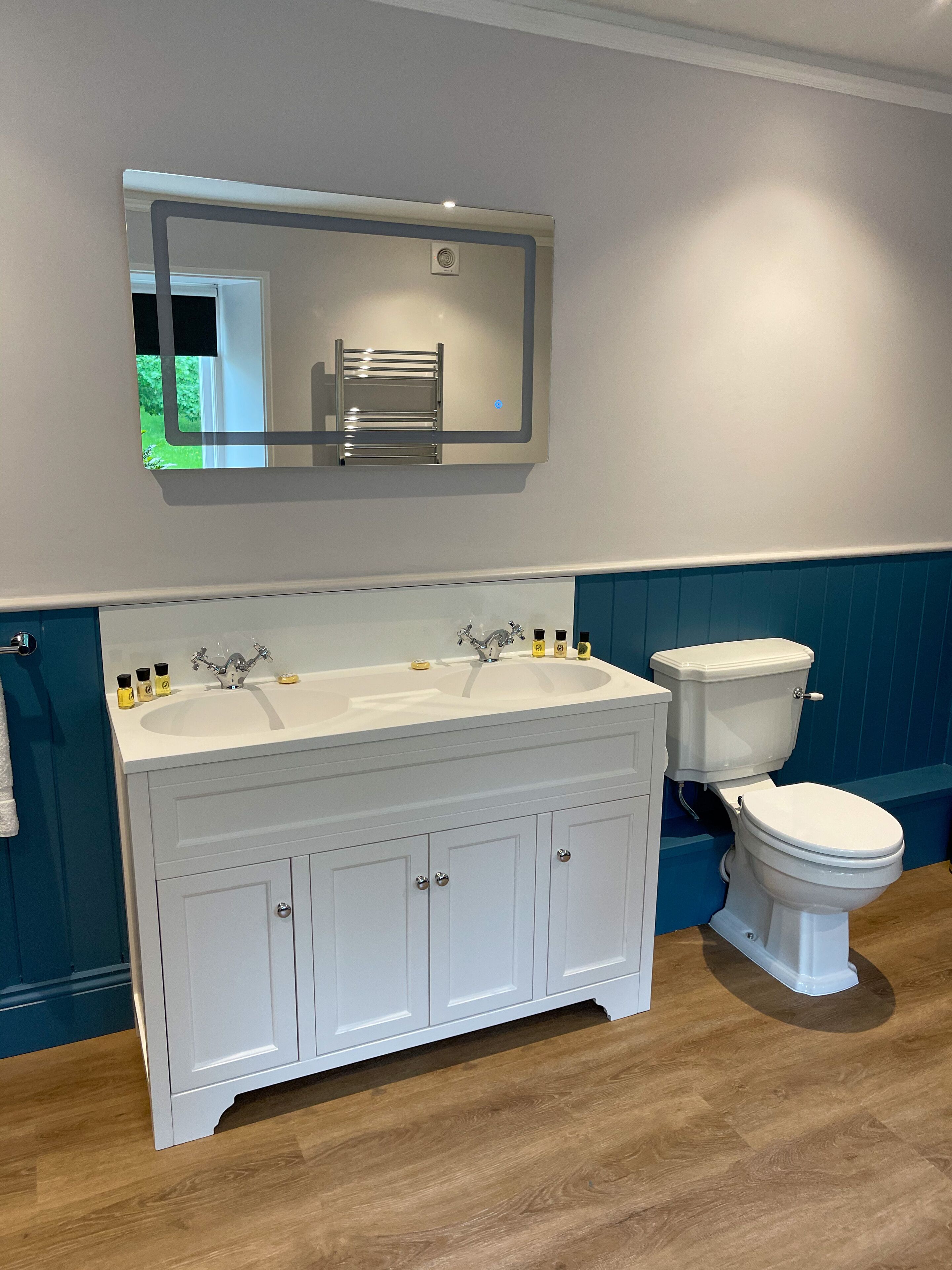 A bathroom with a white vanity, a double sink, a toilet, and a mirror above the vanity.
