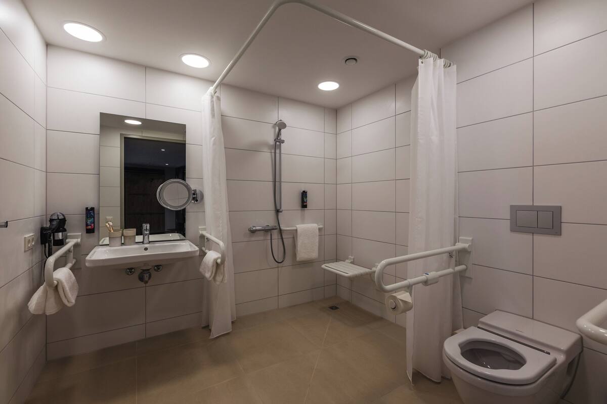 A modern bathroom with a sink, mirror, toilet, shower, and grab bars.