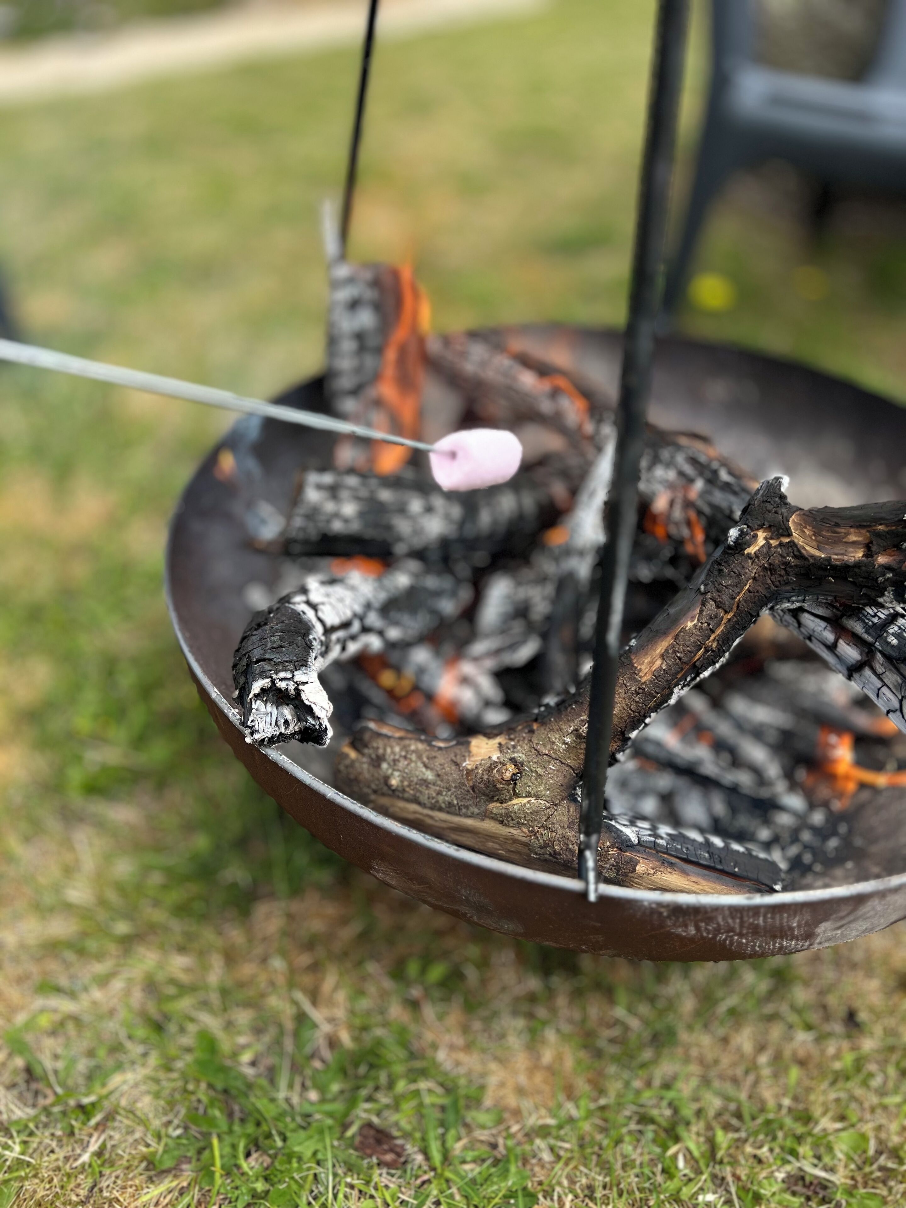 Une poêle en métal contenant du bois en combustion et une guimauve grillée au-dessus des flammes.