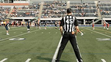 A football field with players and referees.