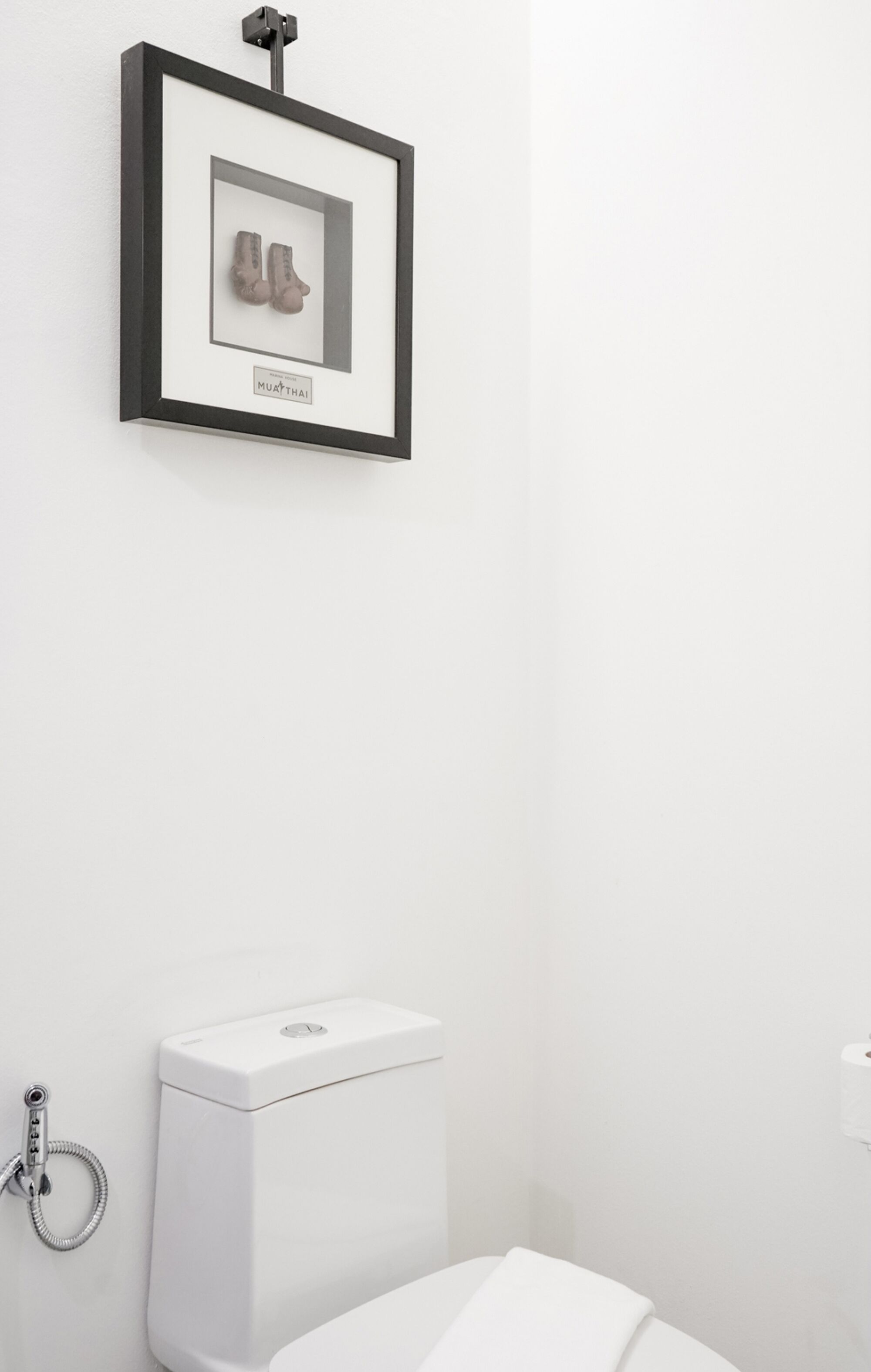 A framed picture of a pair of shoes on the wall above a toilet.