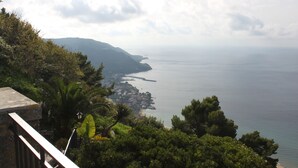 A coastal landscape with a view of the sea, a town, and a mountain.