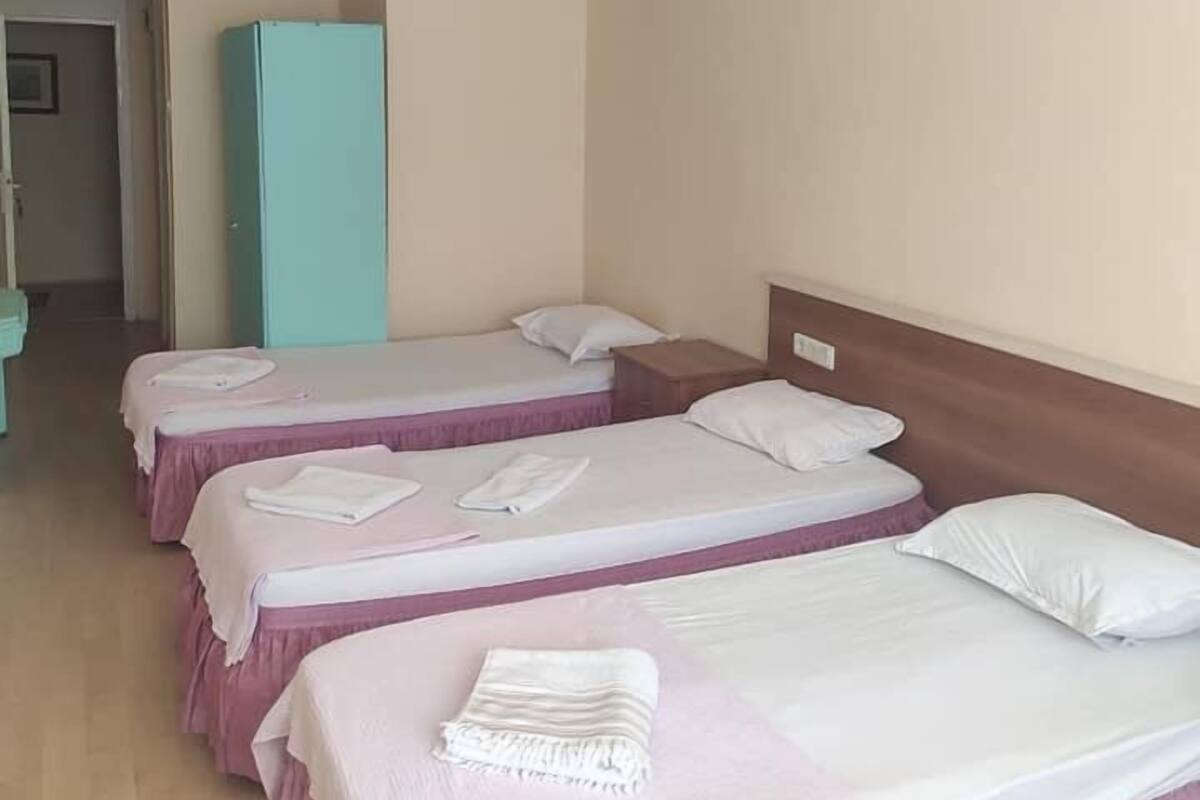 A hotel room with three single beds, each with a pink bedspread and white pillows. There is a blue refrigerator in the corner, and a wooden nightstand with a lamp.