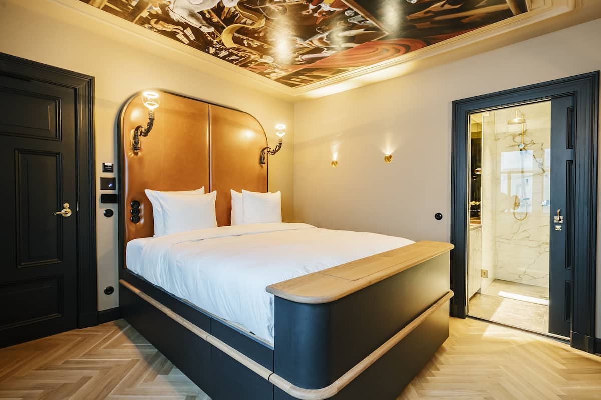 A modern bedroom with a large bed, a wooden headboard, and a ceiling mural.