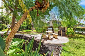 A garden with palm trees, a barbecue area, and a stone bench.