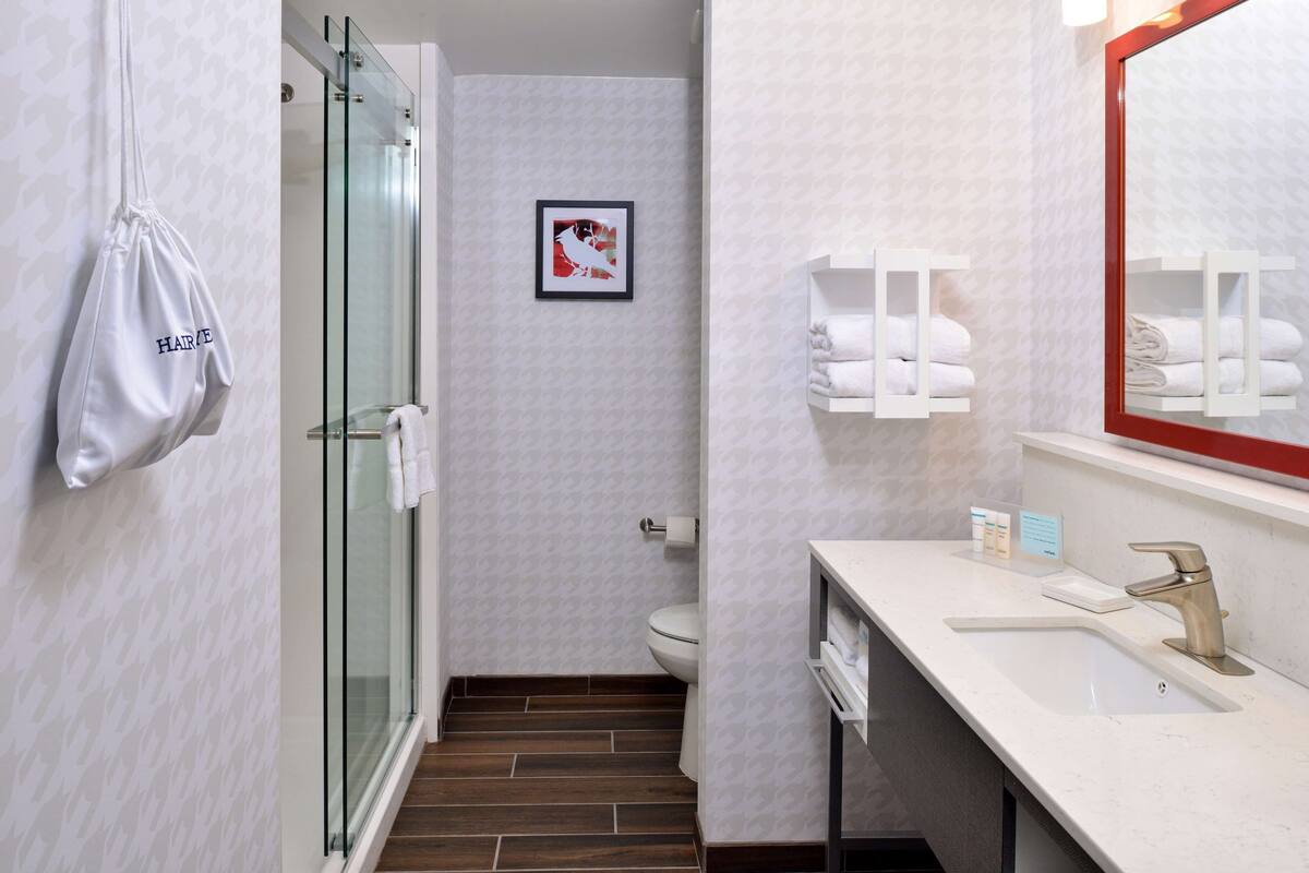 A bathroom with a glass shower door, a toilet, a sink with a mirror, and a towel rack.