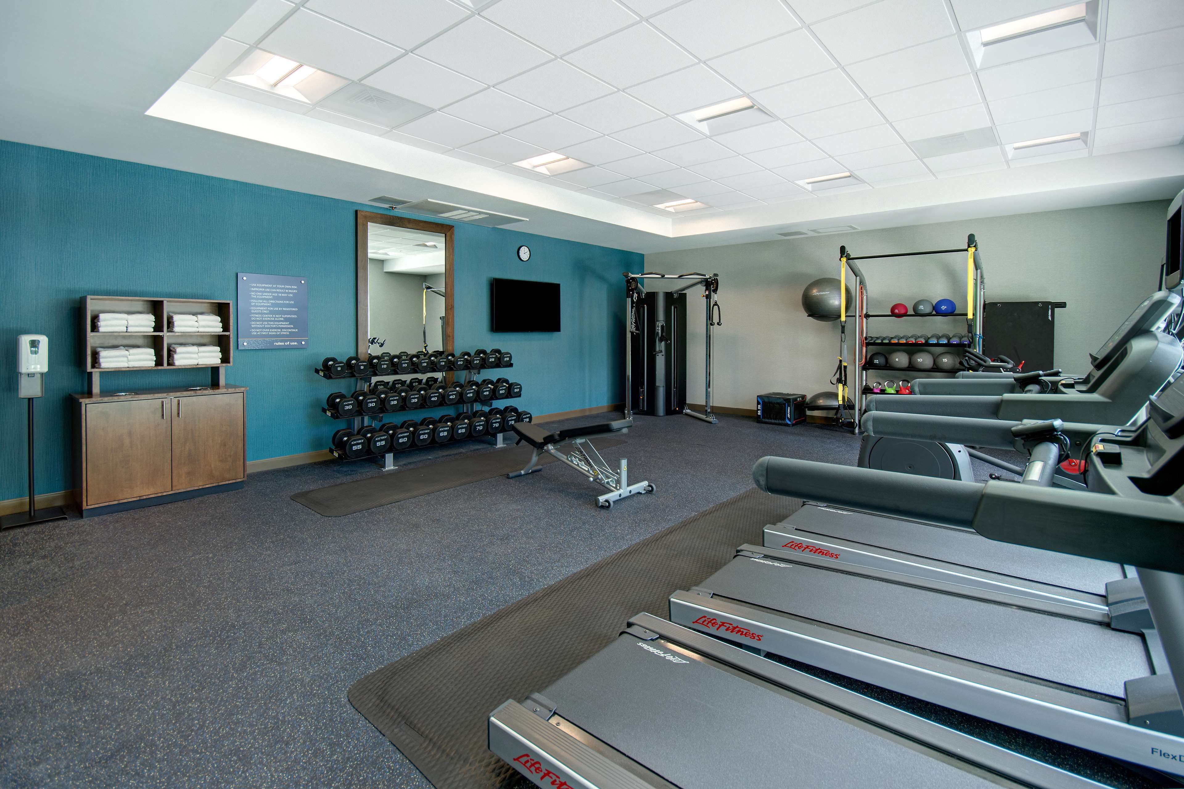 Un gimnasio con cintas de correr, mancuernas y equipo de ejercicio.