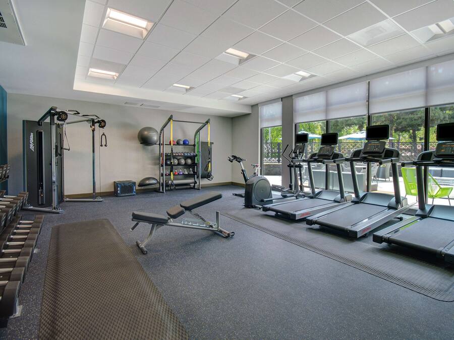 A gym with treadmills, weight machines, and a bench.