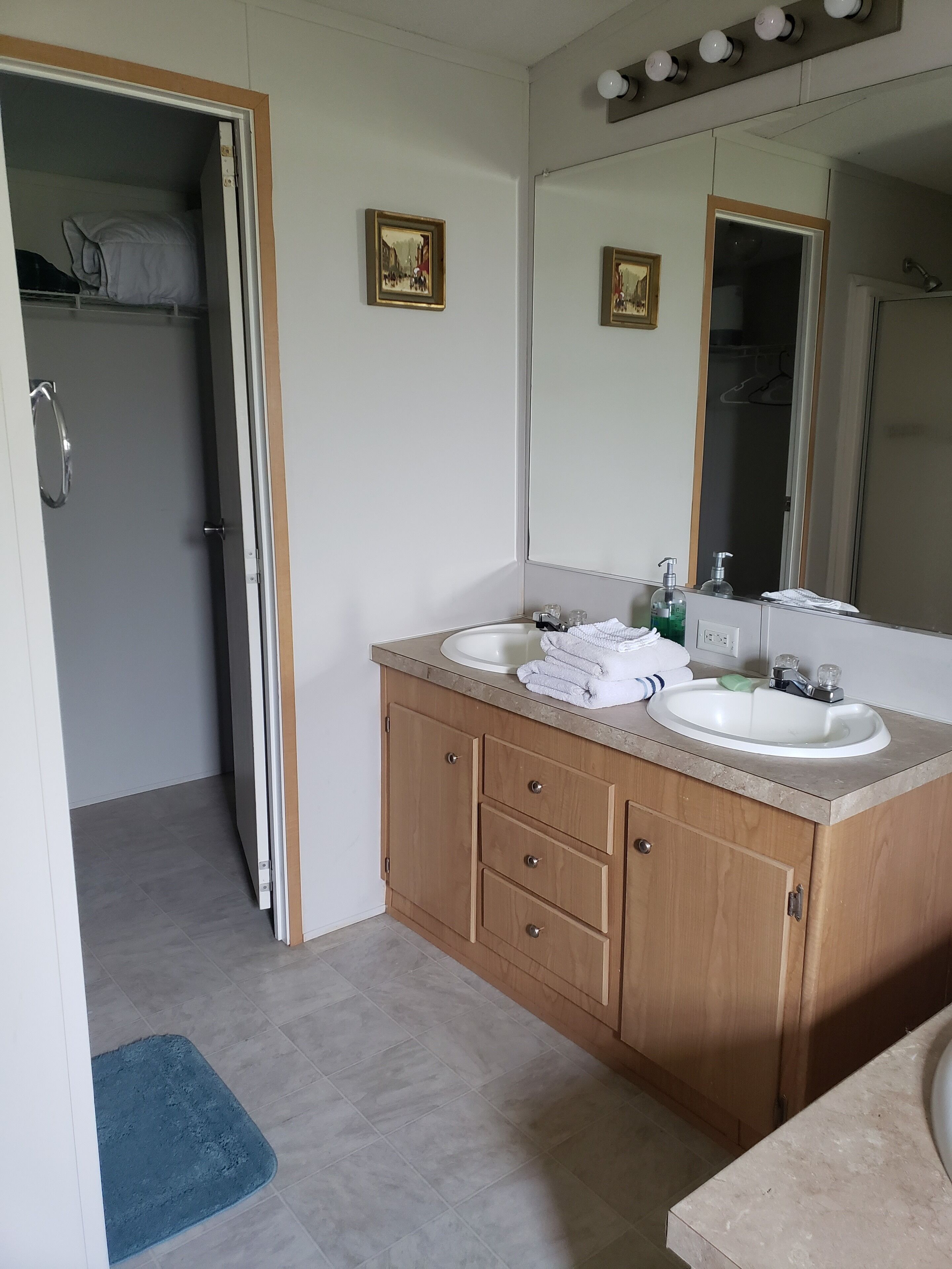 Combined shower/bathtub, hair dryer, towels, soap