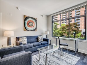 Luxury Apartment, 2 Bedrooms | Living area | 50-inch flat-screen TV with cable channels, TV - Global Luxury Suites at Bethesda Metro (Bethesda)