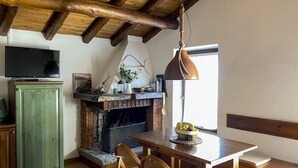 A cozy room with a fireplace, wooden furniture, and a television. - Cosy flat for nature lovers and peace seekers in the mountain village of Livo (Livo)