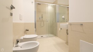 Shower, hair dryer, bidet, towels