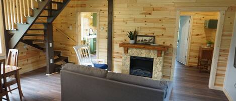 Smart TV, fireplace, books