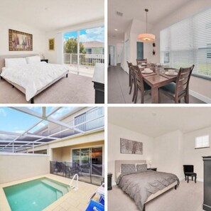 Four distinct rooms offer unique features for travelers, each with a bed, dining area, balcony, or cozy space.