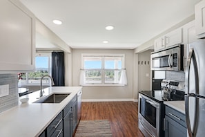 Fridge, microwave, oven, stovetop - Single Story Home - Great View, King Bed, Fenced Yard, AC (Spokane)