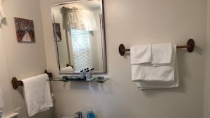 Un bagno con un lavandino bianco, uno specchio, un water e due porta asciugamani.