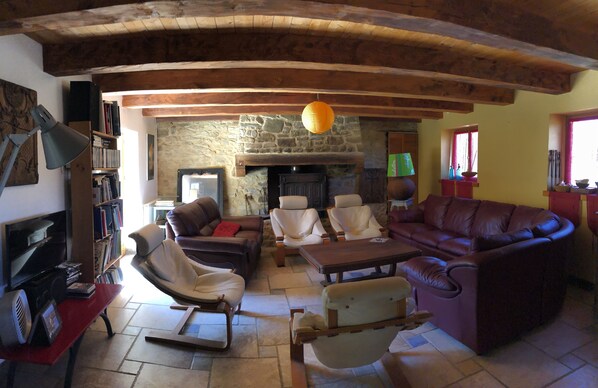 Fireplace, DVD player, table football, books