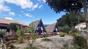 En traditionel landsby med stråtækte huse, brostensbelagte stier og farverige blomster.