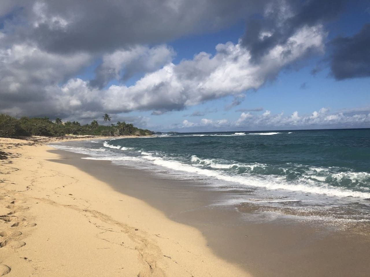 A beach with a sandy shore and waves.