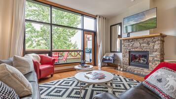 Smart TV, chimenea, libros y biblioteca musical