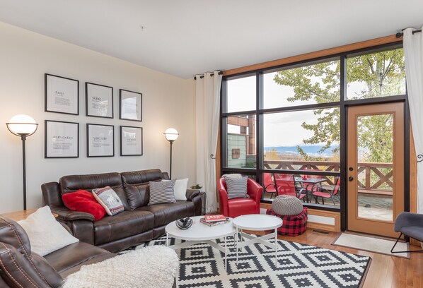 Smart TV, fireplace, books, music library