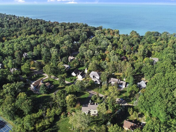 Un quartier résidentiel où les maisons sont entourées d’une forêt dense, et d’où l’on a une vue dégagée sur l’océan, ainsi qu’une pelouse bien entretenue.
