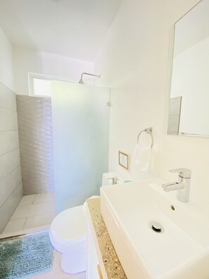 Shower, hair dryer, towels, soap